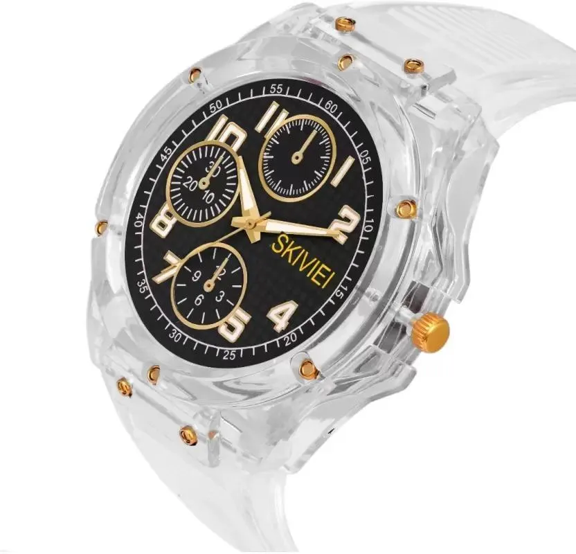 Transparent Analog Watch for Boys with Gold Accents and Black Dial