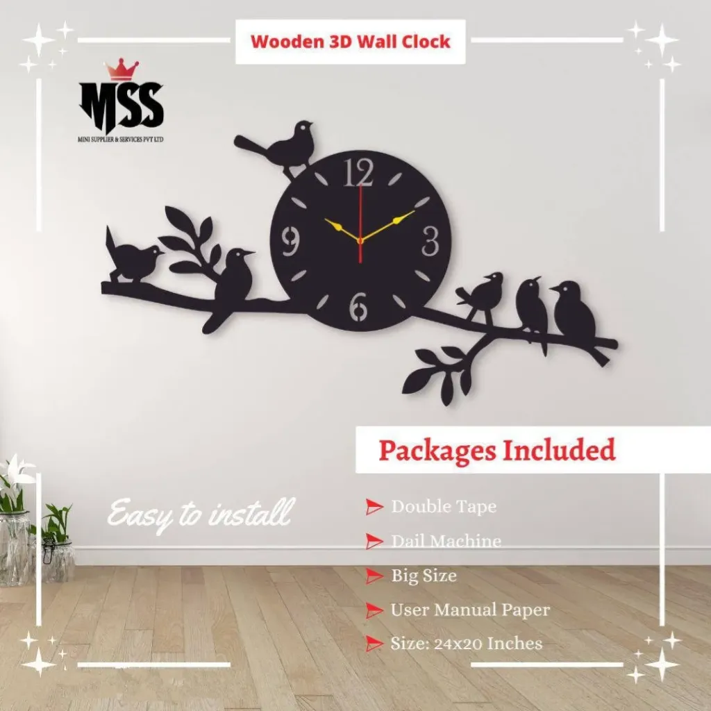 3D Bird Wall Clock 24x20 MDF Modern Home Decor