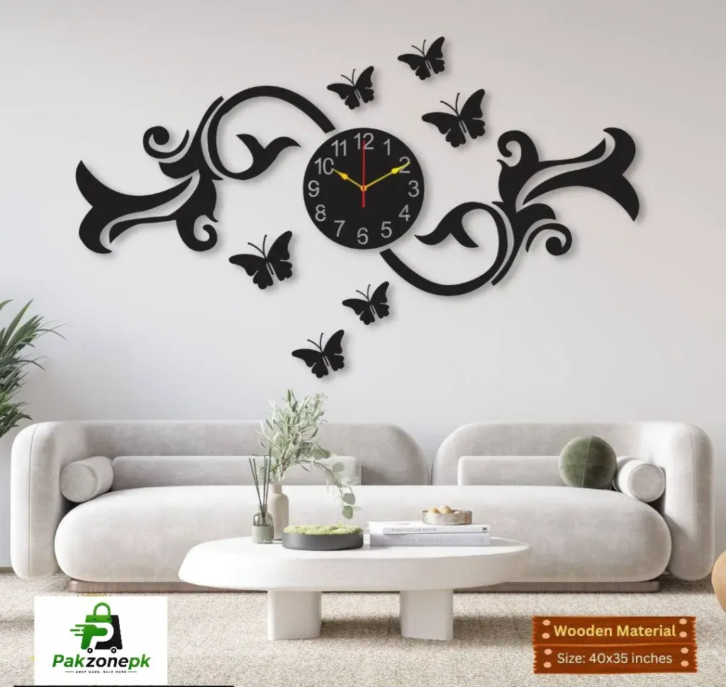 Black Butterfly Wall Clock 40x35cm MDF 3D Design