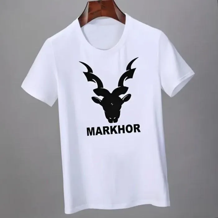 Men White Markhor Printed Cotton T-Shirt Medium to XL (Small)