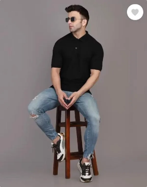 Men Cotton Polo T-Shirt Black Slim Fit Casual Wear