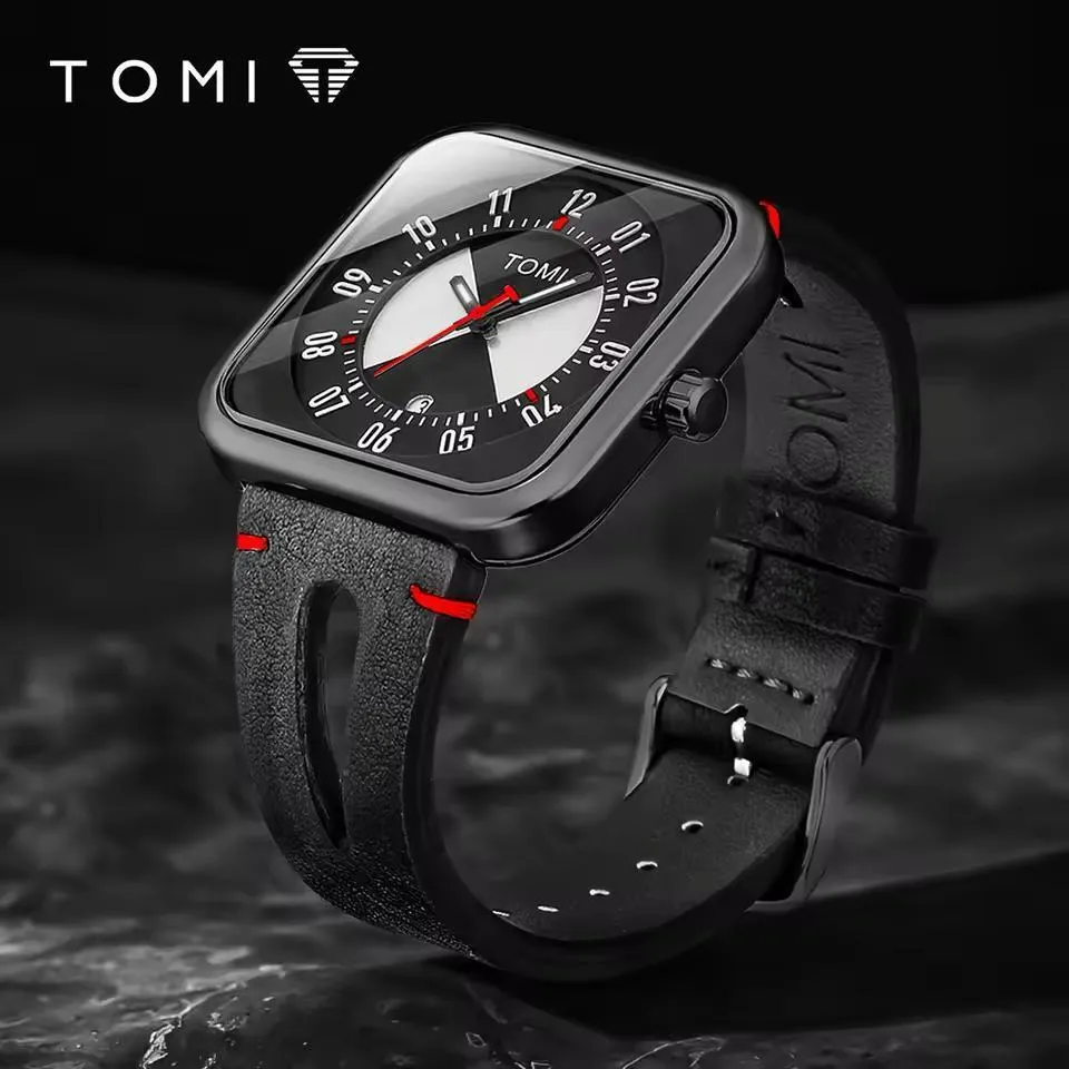 Men's Black Leather Strap Watch with Silver Case and Blue Accents