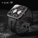 Men's Black Leather Strap Watch with Silver Case and Blue Accents